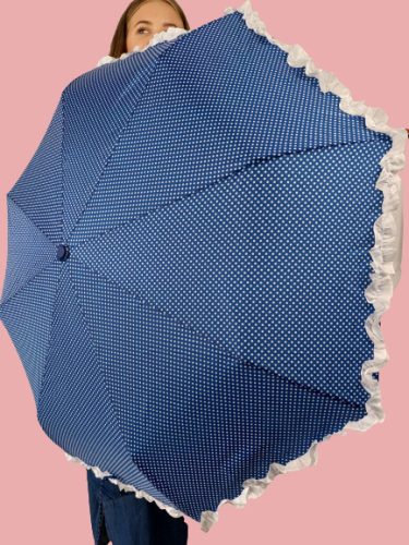 Női automata esernyő-kék színű alapon, kék pöttyös, fodros 